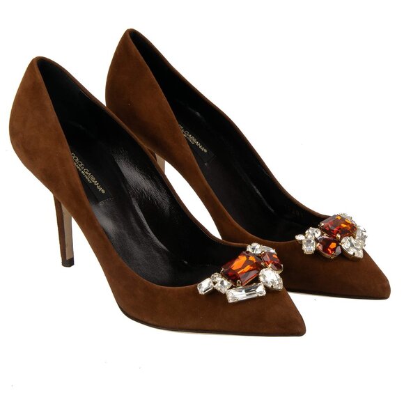 Dolce & Gabbana - Crystal Brooch Leather Heels Pumps BELLUCCI Brown 36 US 6 - Picture 1 of 5